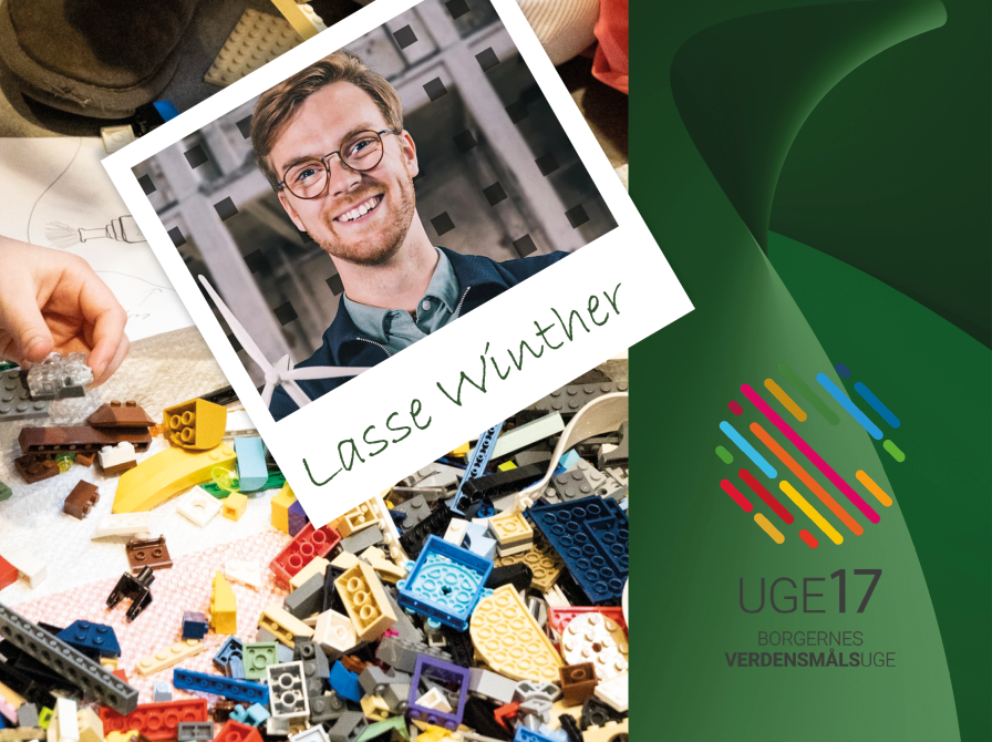 Børn der bygger med legoklodser og et foto at youtuber Lasse Winther og Uge 17-logo